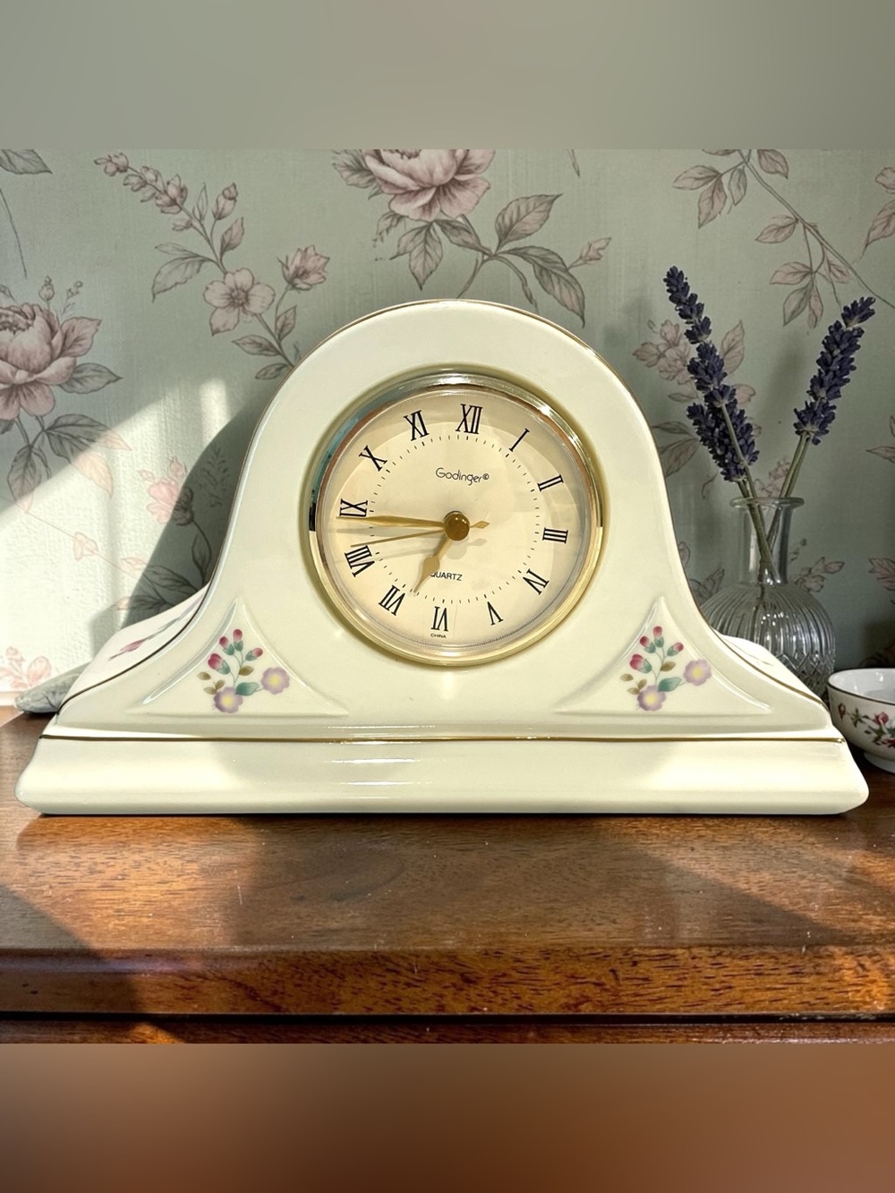 Godinger Floral Porcelain Mantel Clock Cottagecore Shabby Chic Quartz Working